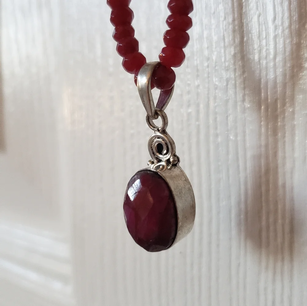 Natural Faceted Ruby & Silver Pendant On Beaded Ruby Strand. NWOT. Artisan-made. - Picture 5 of 5
